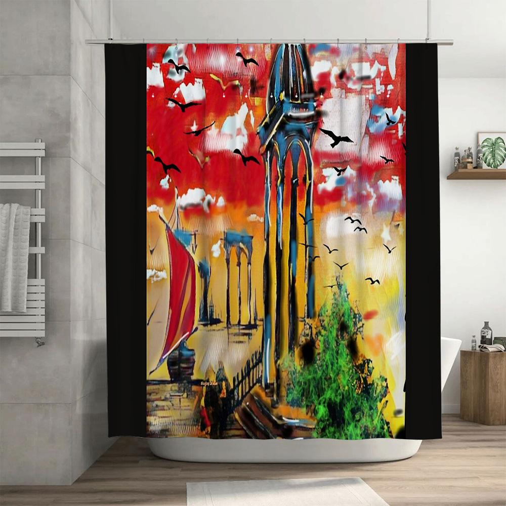 Vintage Landscape Shower Curtain Gothic Cathedral Scenic Tapestry Bathroom Decor Artistic Wall Hanging Medieval Backdrop