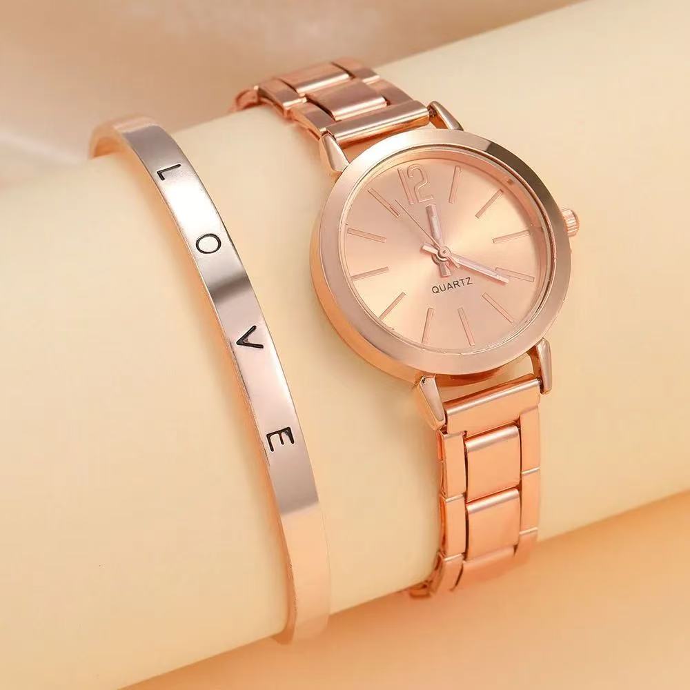 2025 Fashion Women Elagant Watch Casual Simple Steel Strap Quartz Watch Love Bracelet 2PCs Set Temperament Wearing Style