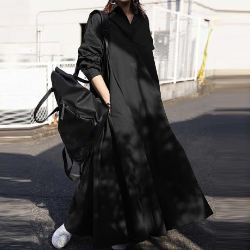 Women Turn-down Collar Long Sleeve Shirt Dress Loose Plain Maxi Blouse Dresses