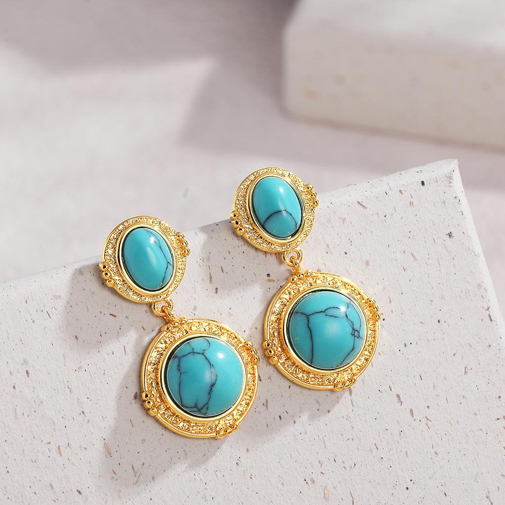 Vintage Turquoise Drop Earrings for Women Bohemian Gold Color Round Stone Dangle Earrings Ethnic Statement Jewelry Party Gift