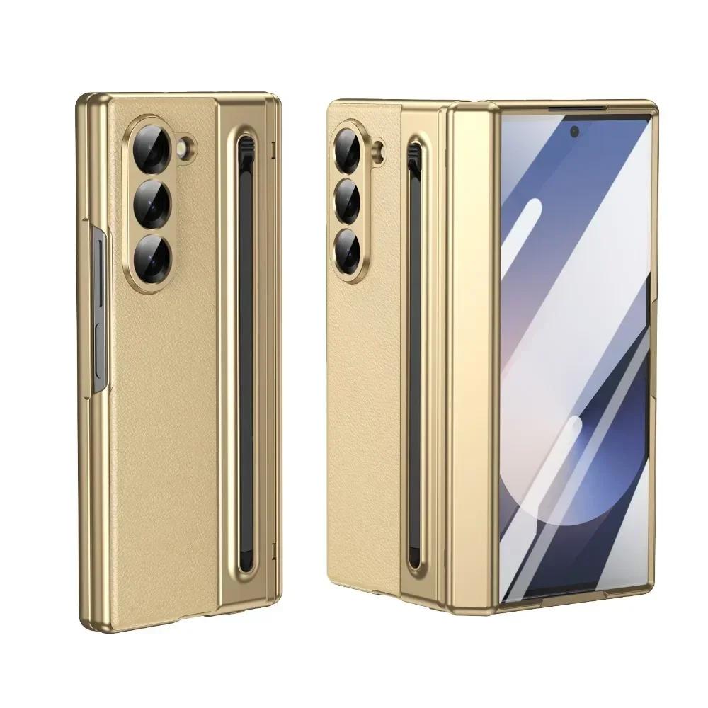 Luxury Plating Matte AG Pen Slot Leather Case For Samsung Galaxy Z Fold 7 6 5 4 3 Screen Film Hinged Shockproof Protector Cover