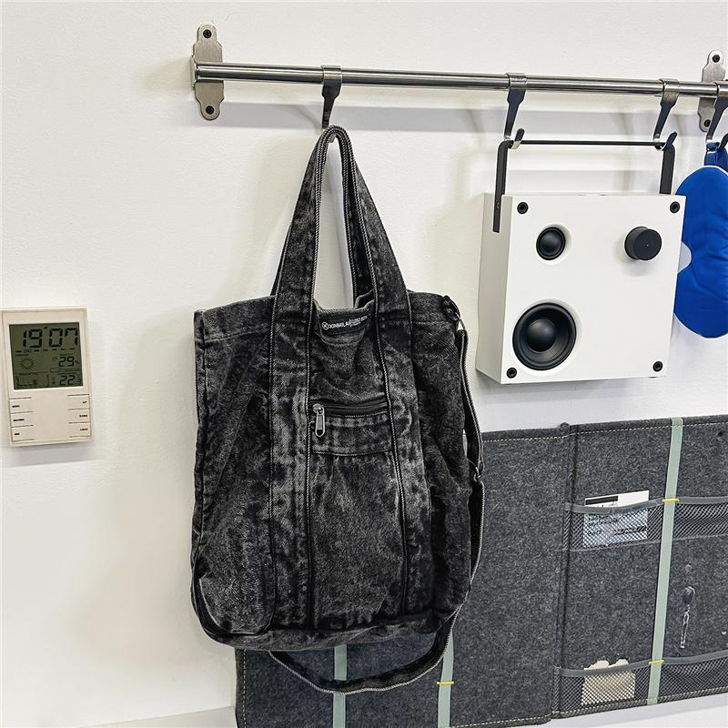 Large Capacity Denim Bag Retro Tote Bag Commuter Student Class Shoulder Crossbody Bag