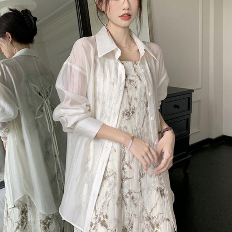 Bow Hollow Out Sun Protection Clothing for Women In Spring Paired with A Cardigan and A White High-end Shirt Jacket