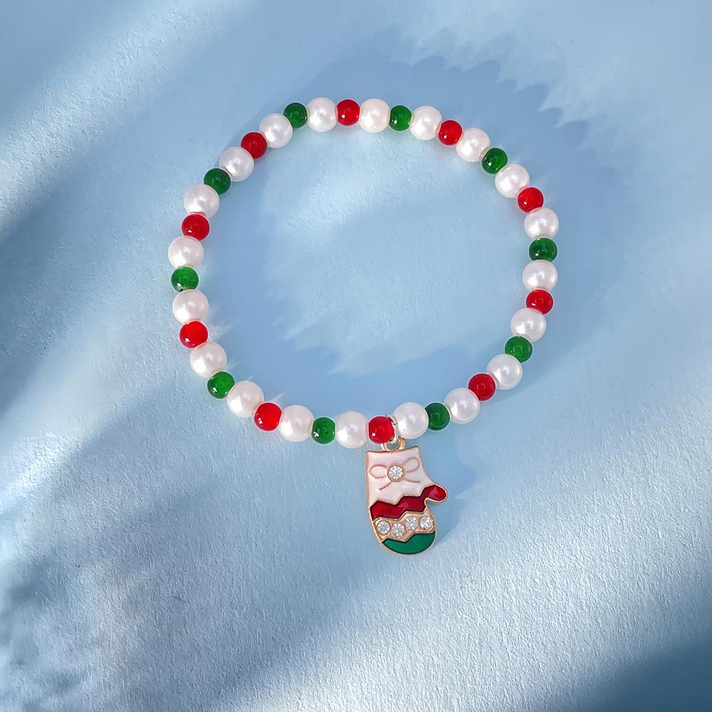 Snowflake & Christmas Tree Beaded Bracelet Set with Cartoon Pendants - Festive Alloy Accessories Gift