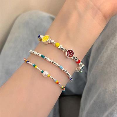 Elegant Silver Rainbow Smiley Face Beaded Bracelet for Women - Versatile, Sweet, and Stackable