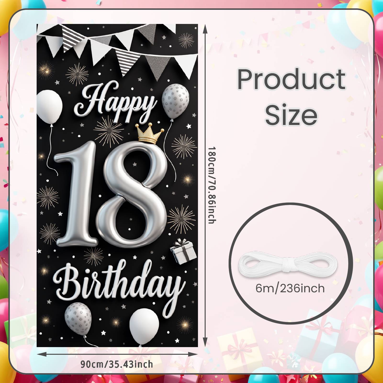 18th Celebration Backdrop Firework Design Royal Celebration Backdrop Display Black White Balloons Birthday Party Background