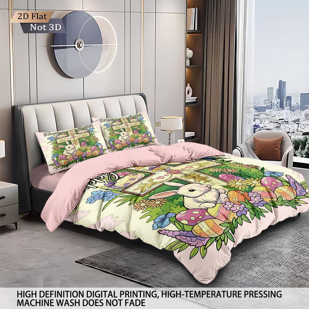 3pcs Easter Happy Flower Rabbit Print Coreless Down Duvet Cover Set Comfortable Bedroom Bedding Decoration Machine Washable