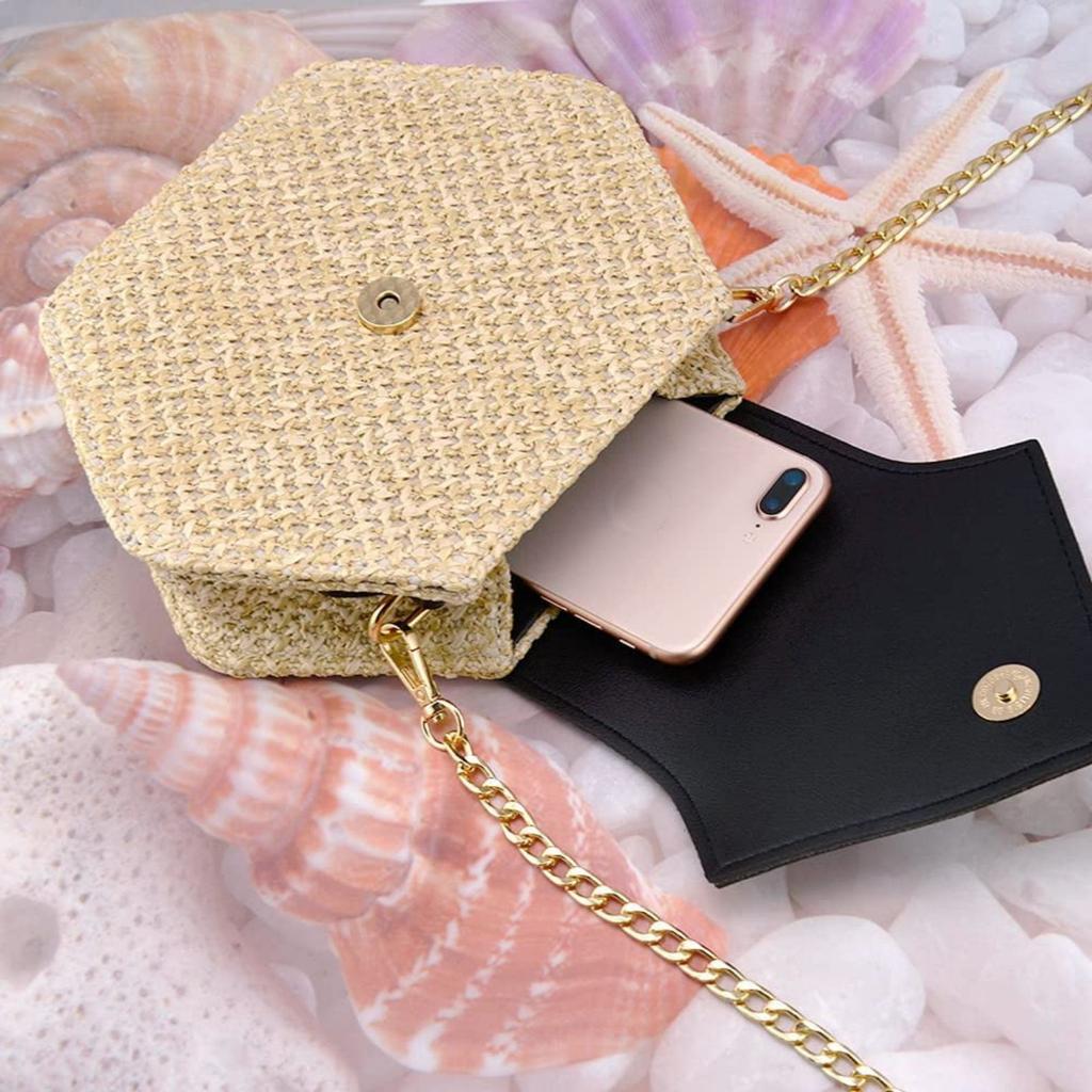 Women's Bag Woven Hexagonal Women's Bag Solid Color Single Shoulder Crossbody Bag Straw Bag Tassel Chain Bag