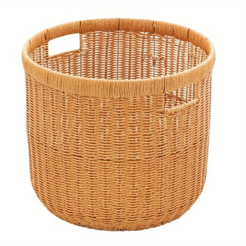 Woven rattan handle dirty clothes bucket, circular clothes storage bucket, bathroom plastic laundry basket, storage basket