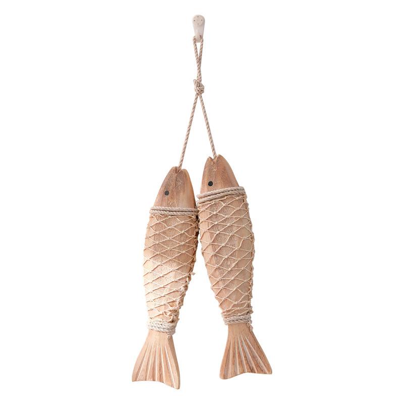 Pair of Rustic Wood Fish Carving Wall Hangings, Antique-Style "Abundant Blessings" Decorative String for Country Home Decor