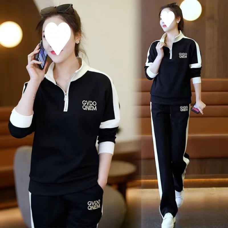 Women's Thin Korean Loose Spring-autumn V-neck Multi-color Wide-leg Pants for Sports Wear and Casual Outfit Two-piece Set