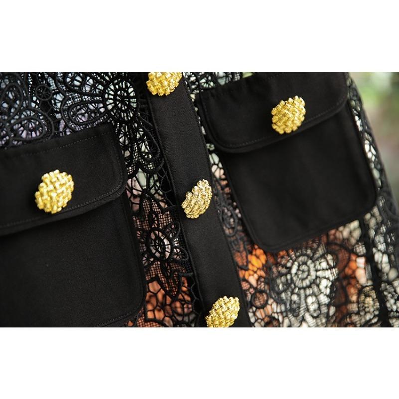 Summer Women Lace Hollow Out Peter Pan Collar Single-breasted Party Dresses Short Sleeve Female Robes with Belts