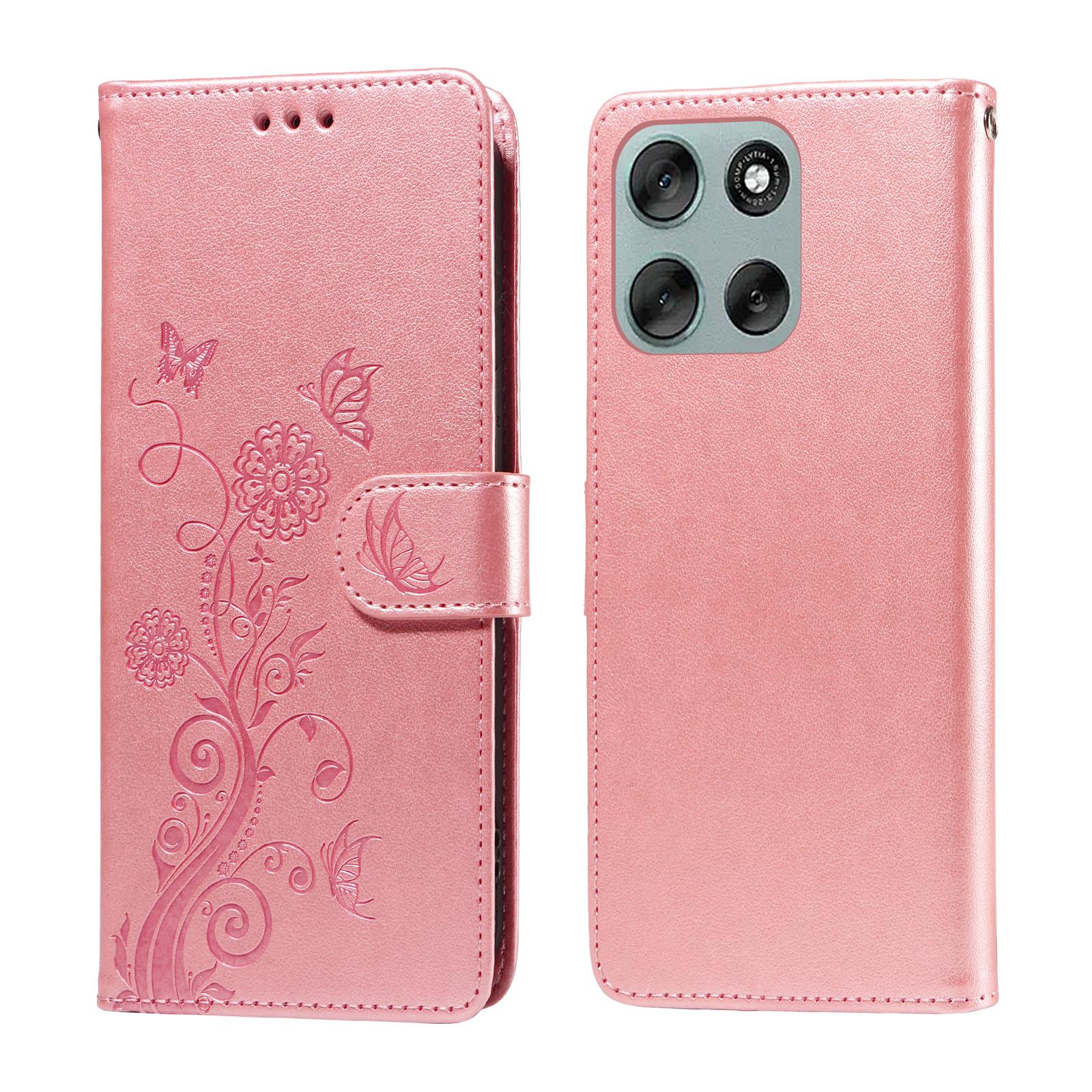 

For Motorola Moto G56 5G Leather Case Butterfly Floral Imprint Wallet Stand Cover Pink