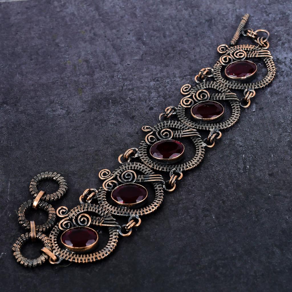 Natural Mozambique Garnet Gemstone Handmade Copper Wire Wrap Bracelet 7-8" C8C44