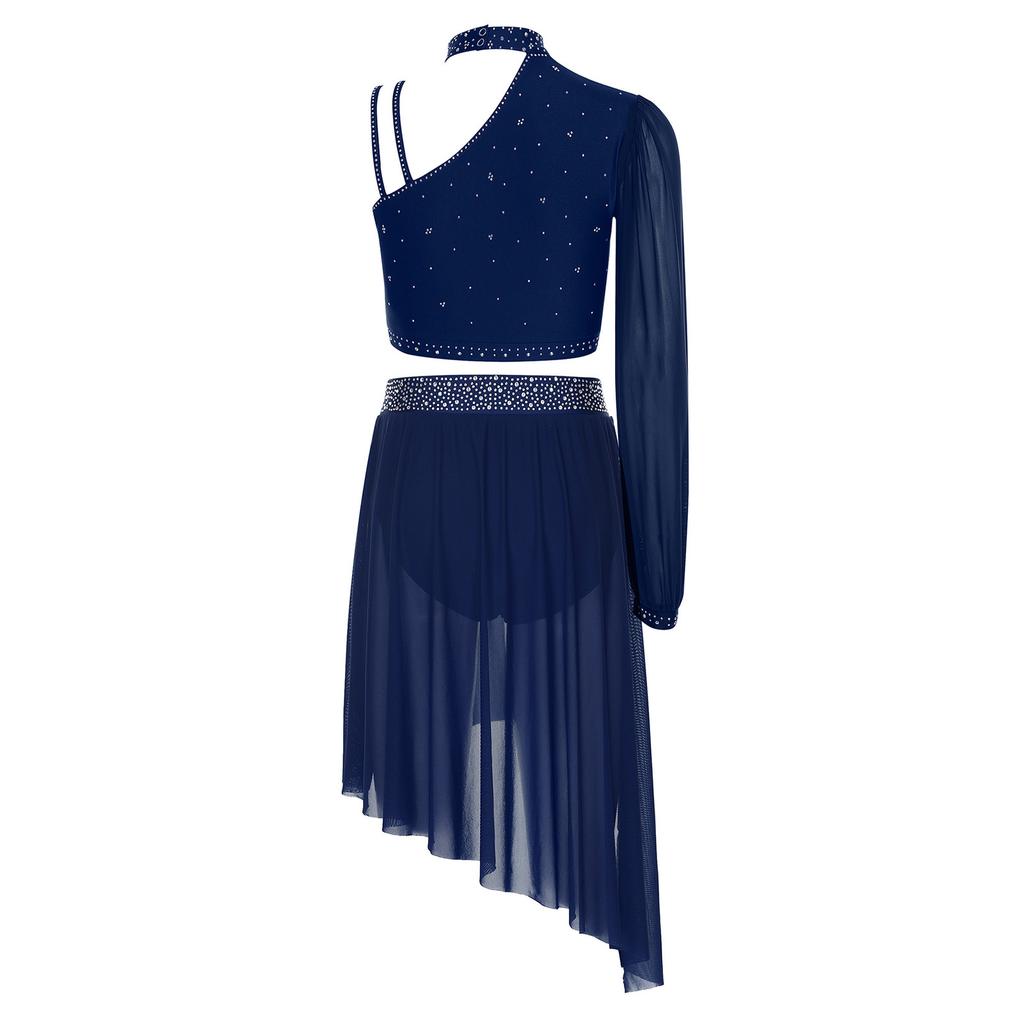 Dames Lyrische Dans Outfit Glanzend Strass Asymmetrische Crop Top Hoge Taille Slipje Korte Broek Chiffon Rok Kostuum