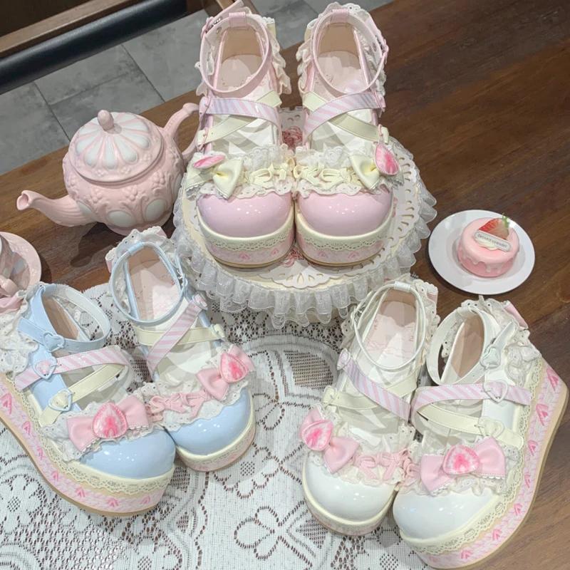 Cute Sweet Lolita Shoes Thick Sole Platform Women Pumps PU Leather Mary Janes Girls Sandals Cross Strap Party Princess Shoes
