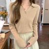 New ArriVals Open Run Casual Rib V Neck BuTTon Big Collar KniT T shirT