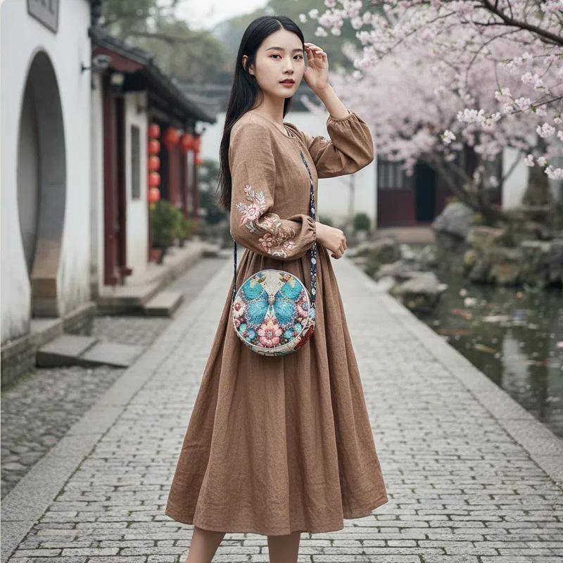 Ethnic-style Hand-held and Crossbody Multi-purpose Bag, Embroidered Bag, Casual Double-sided Hanfu Small Cloth Bag