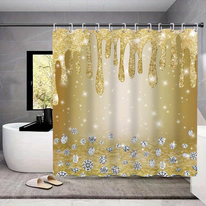 1/4 buc Set Perdea de Duș Luxoasă Aurie Florală Impermeabilă Set Decorativ pentru Baie Covor Antiderapant Capac Toaletă Covoraș de Baie și 12 Cârlige