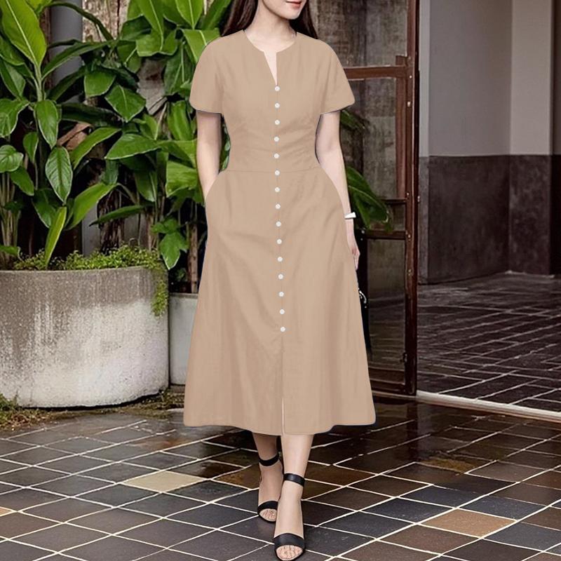 ZANZEA Women Casual V-Neck Solid Color Summer Short Sleeve Dress