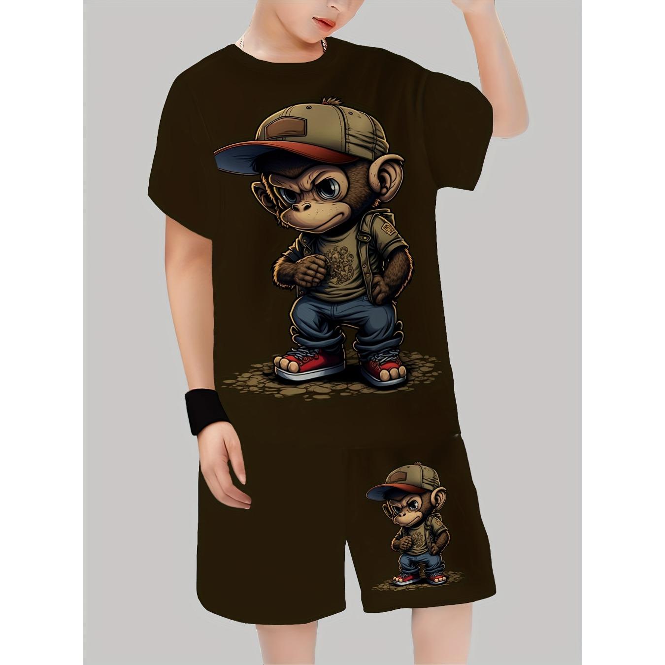 Brown Theme, Little Monkey in Hat Exploring 3D Printed Pattern, Hip-Hop Style with Trendy and Versatile Design 7 5-6Y