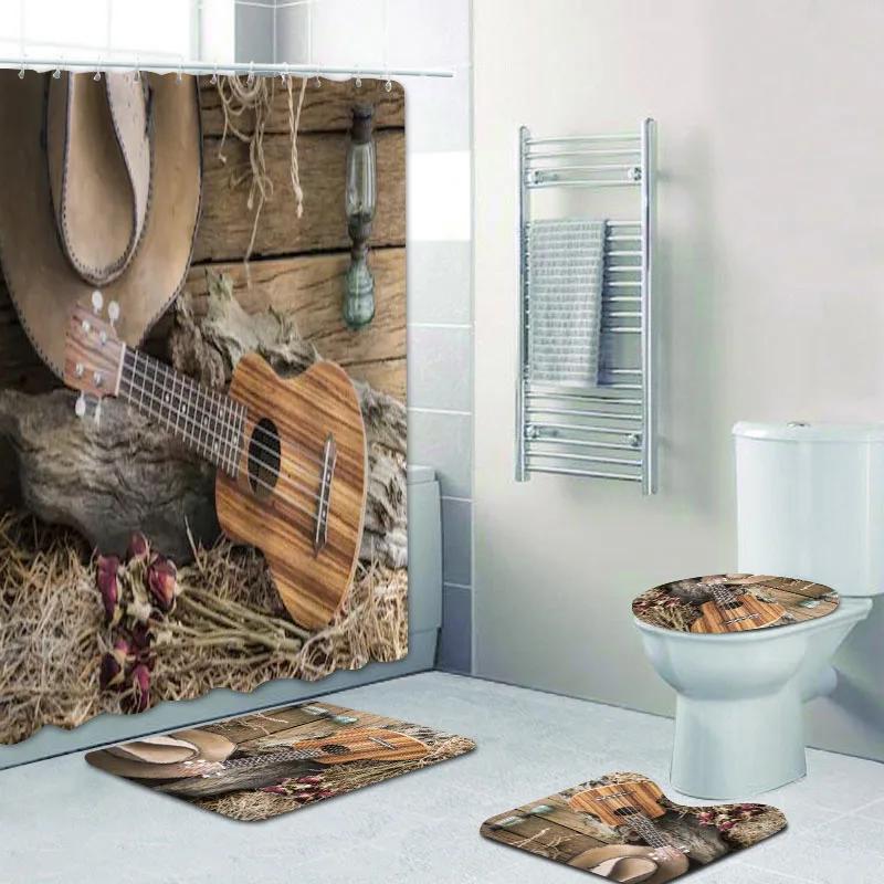 Rustic Western Cowboy Shower Curtain Set American Country Music Bathroom Curtain Set Bath Mat Rug Carpet Bathtub Accessories