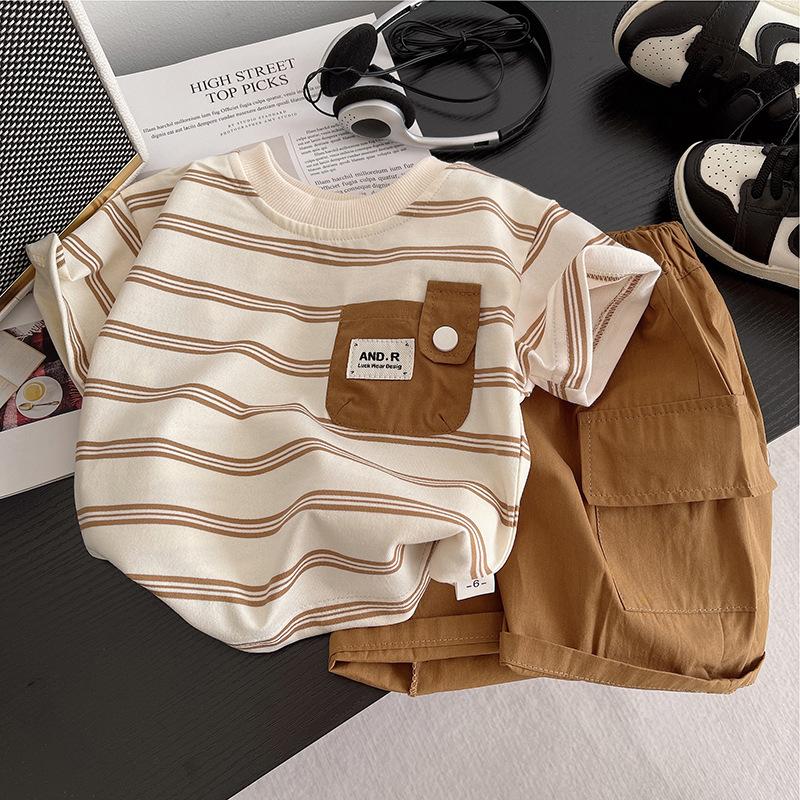 

Children s Short Sleeved Round Neck Striped T-Shirt and Casual Shorts Set, Fashion Clothes, Summer, 0-5 Years Old L коричневий