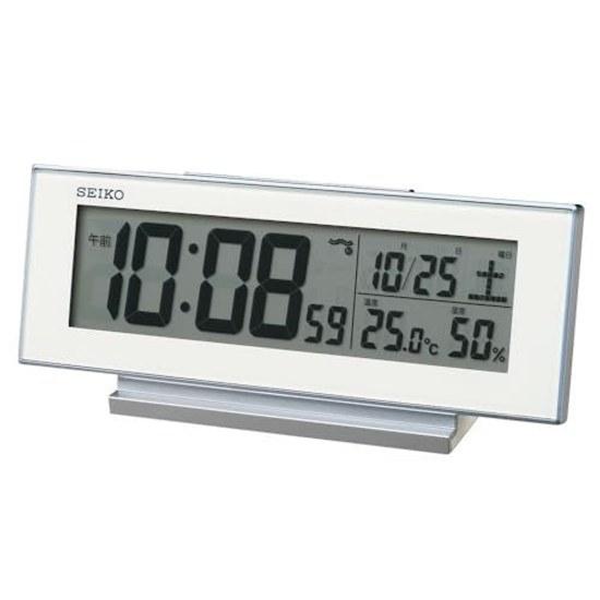 Zegar Seiko alarm zawsze na wyświetlaczu radio cyfrowy kalendarz temperatura wilgotność widoczne noc biały SQ324W