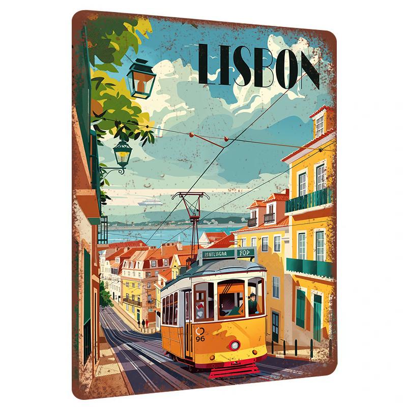Lisbon Vintage Tram Metal Wall Art Portuguese Street Scene Decor for Living Room Office Home Decoration 20x30cm（7.8x11.8inch）