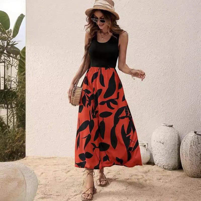 Women Summer Casual Sleeveless U Collar Leaves Printed Holiday Beach One Piece Dress