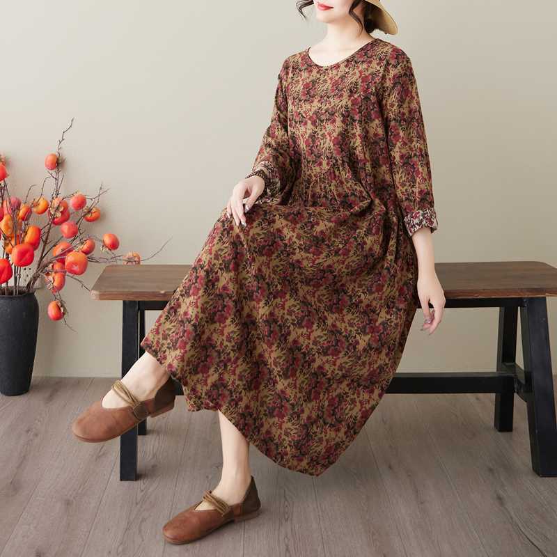 Spring and Summer New Vintage Cotton-Linen Round-neck Floral Pockets Long-Sleeved Dress for Women Loose Fit for Slimming - A-Line Skirt