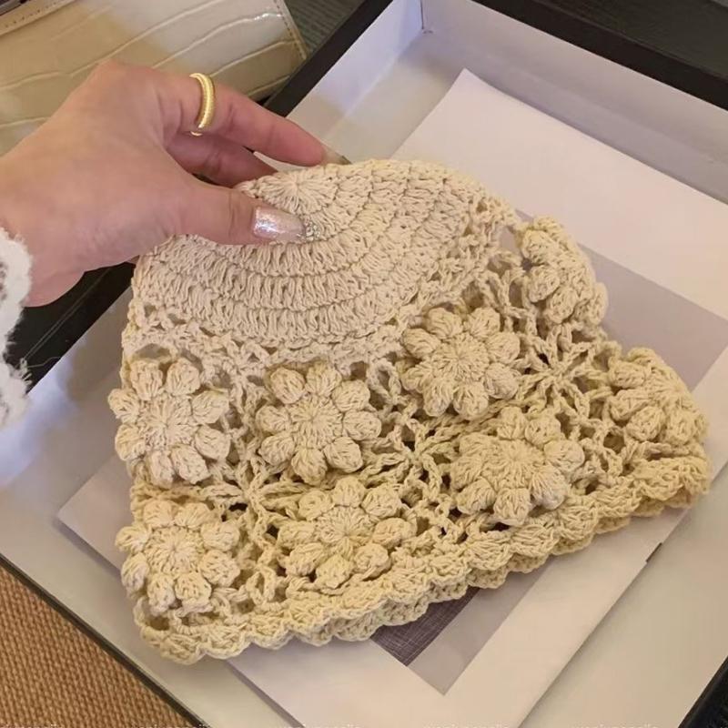 Flower Hat Pile Thin Retro Handmade Breathable Woven Versatile Hollow Hook Flower Knitted Toe Cap Yarn Hat