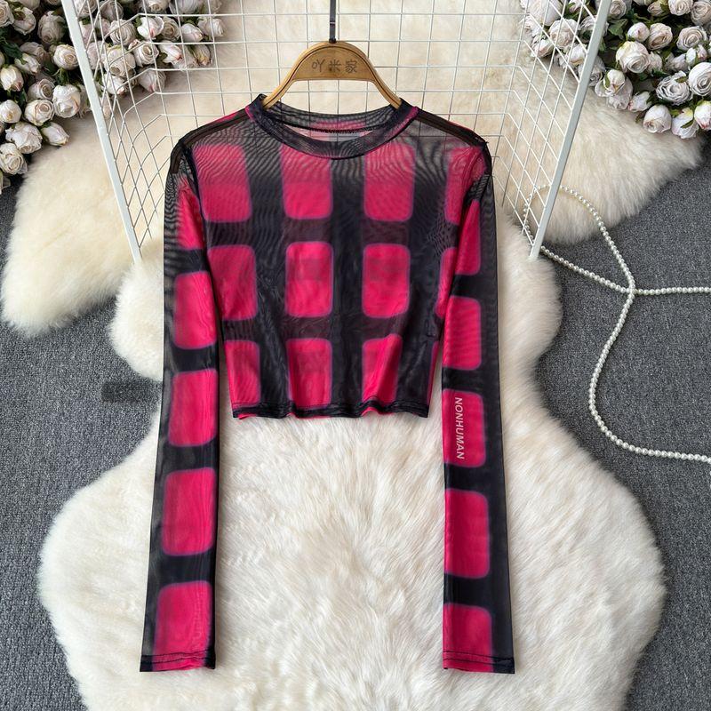 

Tie-Dyed Printed Mesh Bottoming Shirt for Women Silm Slimming Long-Sleeved T-shirt 2024 Summer Inner Match Thin Sun Protection Top Pink One size