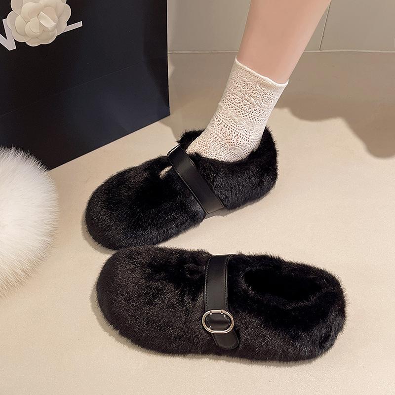 Mink Hairy Shoes for Women's Winter Wear 2025 New Korean Version French Soft Flat Bottom Velvet Warm Mary Jane Doudou Shoes