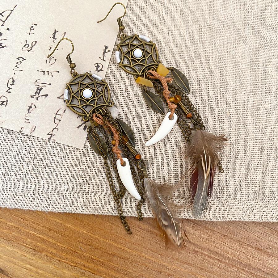 Bohemian Feather Tassel Earrings: Elegant Round Lace Hollow Ear Hooks in Ethnic Style фото