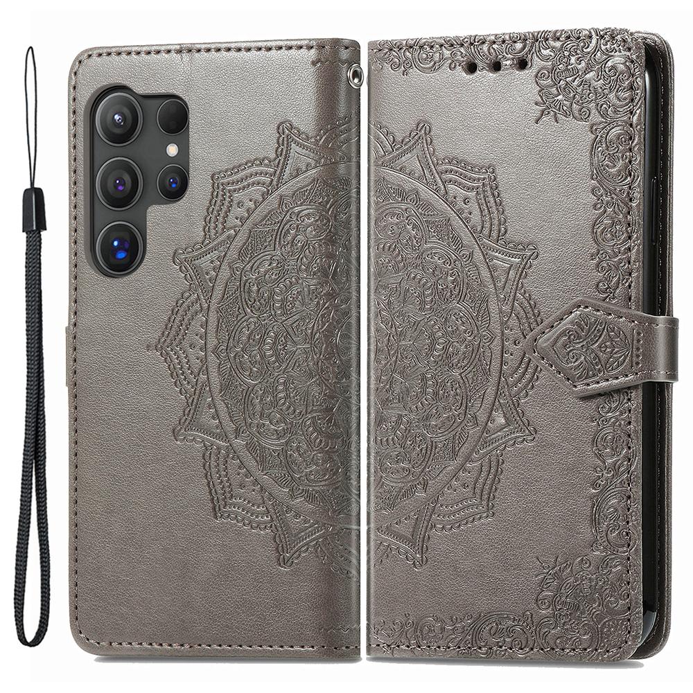 

For Samsung Galaxy S24 Ultra Case Wallet Leather Cover Embossed Mandala Pattern Grey