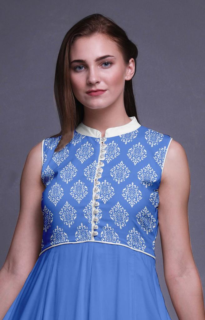 Bimba Blue Damask Indian Kurtis For Women Solid Readymade Anarkali Dress Printed Indian Kurti