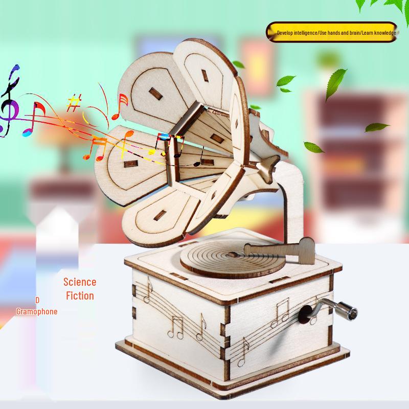 Children s DIY Wooden Hand-Crank Gramophone Music Box Kit 14*8.5*8 cm