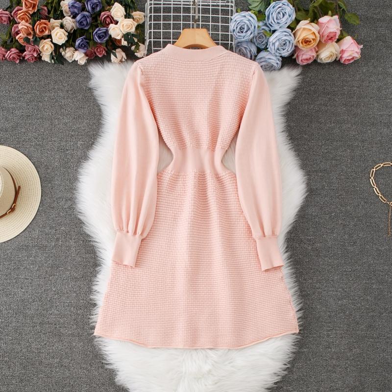 Herbst Winter Frauen Elegante V-ausschnitt Solide Strick Pullover Mini Kurze Kleider