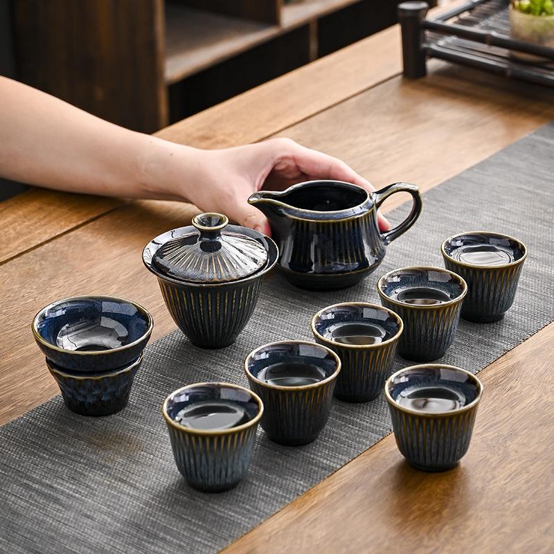 Kiln-changed gold silk cover bowl ten-headed kung fu tea set gift box set ceramic tea cup commercial meeting gift business