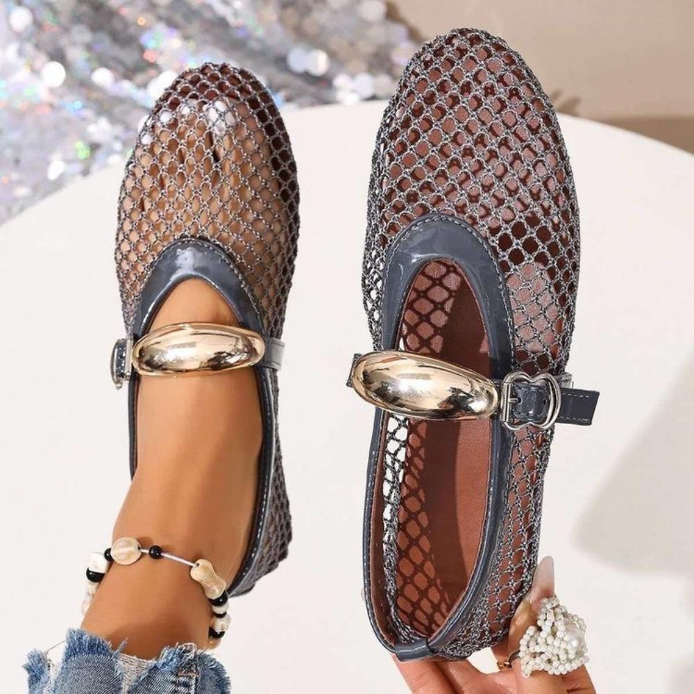 Plus Size Women Round Toe Fishnet Hollow Out Flat Sandals, New Spring Summer European Style Breathable Casual Sandals
