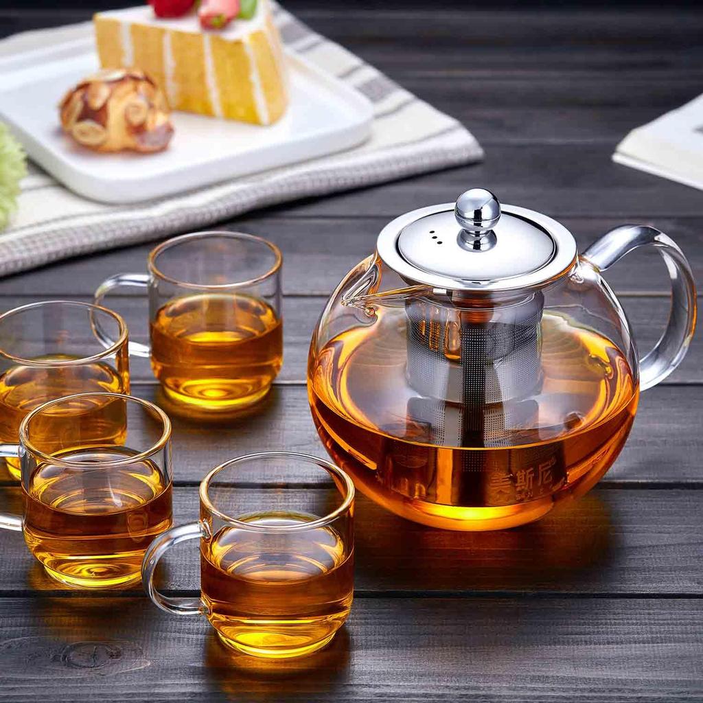Pokaro Tea Teapot, Heat-Resistant Glass, Perfectly Round, 650ml, with Stainless Steel Strainer, Suitable for Fine-Leaf Tea, Shatter-Resistant,