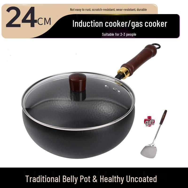 Zhangqiu Handgefertigter Antihaft-Eisen-Wok: 24CM Wok mit großem Bauch zum Pfannenrühren, für Gerichte, zum Schmoren & für Suppe.