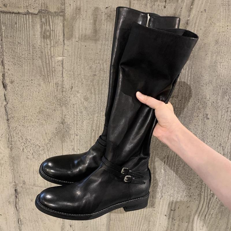 Cowhide~ Retro boots women's double buckle straps but knee boots side zipper thick heel knight boots