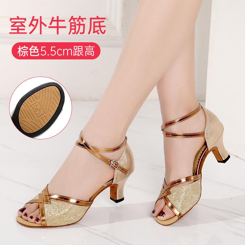Girls Dance Shoes Sequined Latin Dance Shoes Open Toe Sandals High Heels Crystal Sparkling Standard Dance Shoes