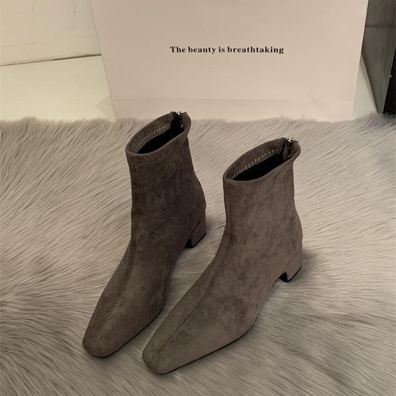 Kurzstiefel mit eckiger Spitze für Damen, dicker Absatz, Herbst und Winter 2025, neue vielseitige französische dünne Stiefel, Reißverschluss hinten, hoher Absatz, elastische Stiefel