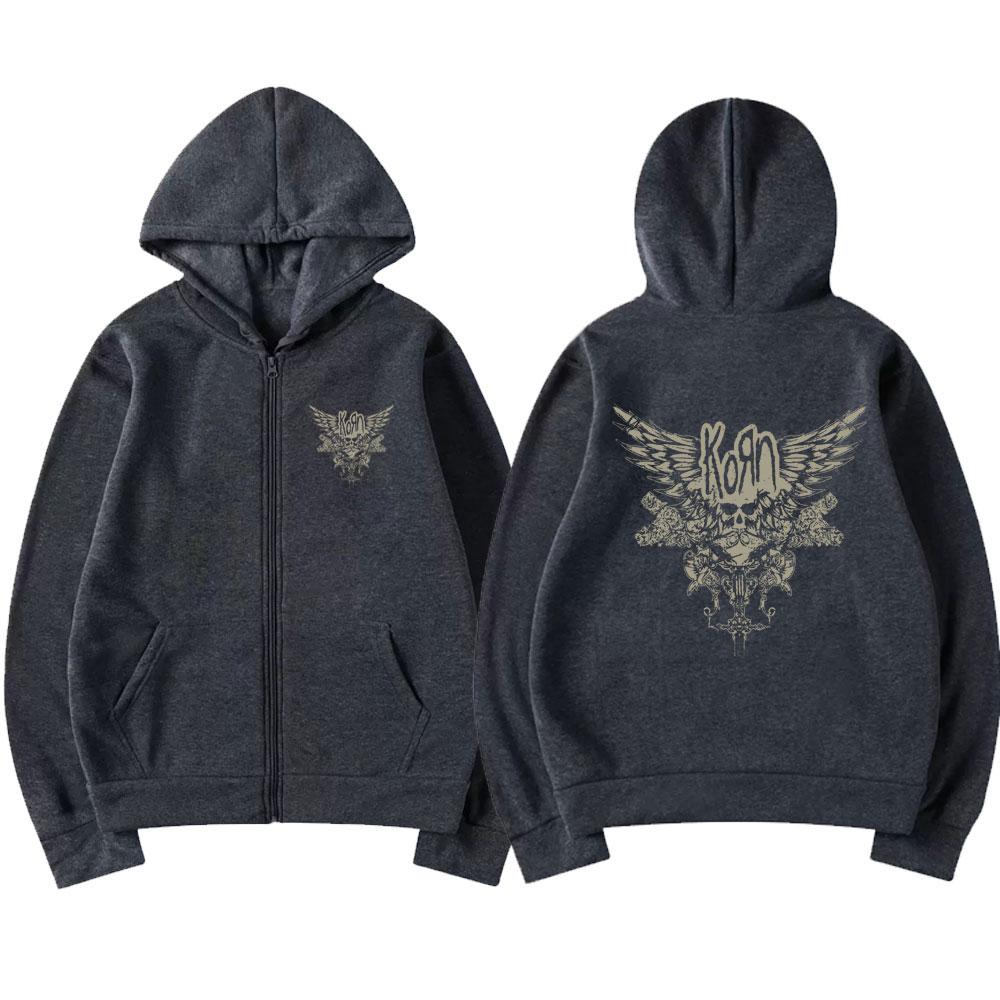 Korn Skull Wings Girls Juniors Black Graphic Zipper Hoodie Men Vintage Oversized Zip Up Jacket Men's Gothic Rock Band Sweatshirt