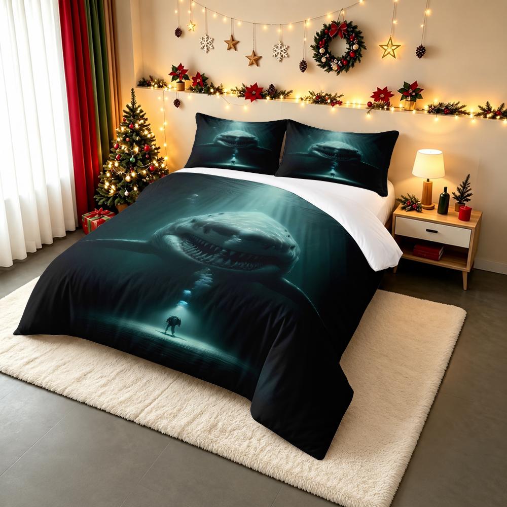 Megalodon Shark Deep Ocean Bedding set (1 duvet cover, 2 pillowcases, duvet not included), Underwater Diver Horror Art Print