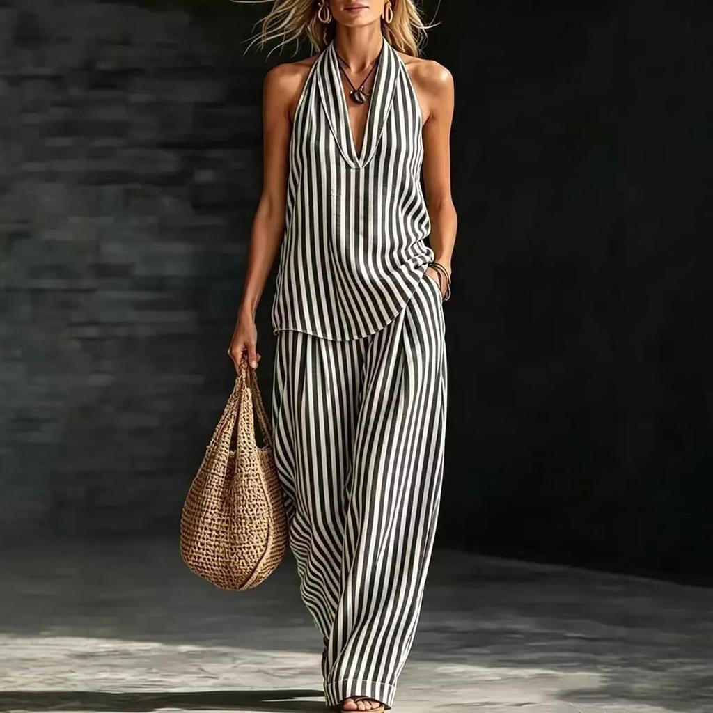 Women Striped Halter Neck Sleeveless Jumpsuit Wide Leg Pants with Pocket