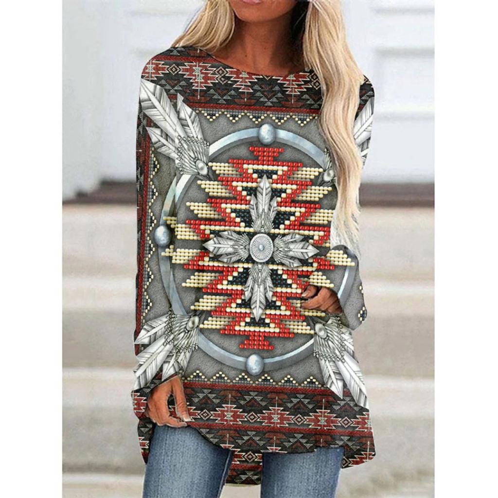 Western Aztec Ethnic 3D Print Langermede T-skjorter Bohemian Women Vintage Fashion T-skjorte Oversized Streetwear T-skjorter for kvinner Topper